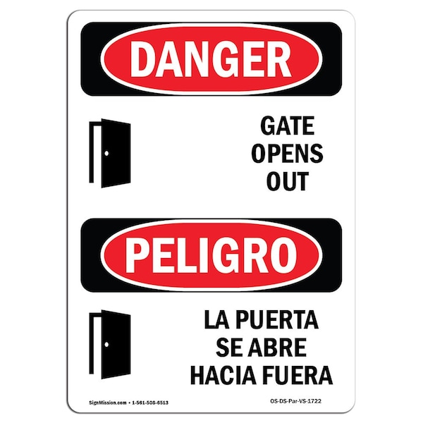 Safety Sign, OSHA Danger, 5" Height, Gate Opens Out Bilingual Spanish, 10PK